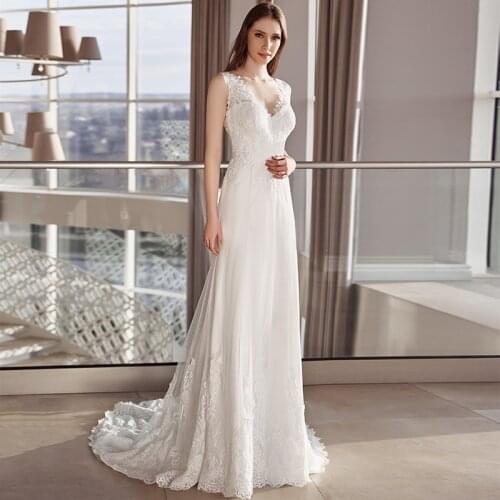 Modest V-neck Lace Tulle Wedding Dresses 2021 Charming White Ivory Sleeveless Sweep Train A-line Bridal Gowns