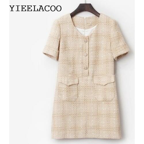 Dress Womens Apricot Plaid Tweed Elegant Holiday Autumn / Winter Dress One-Piece Ladies Dress