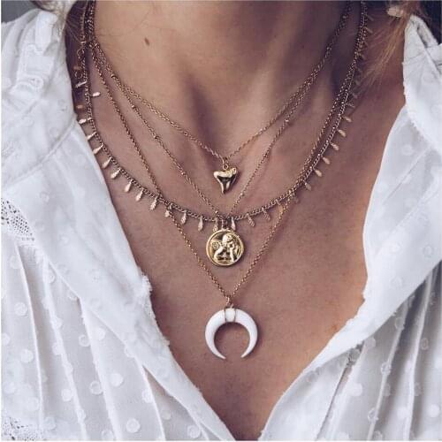 Vintage Glod Multilevel Necklaces For Women Boho Fashion Angel Coin White Moon Stone Heart Shaped Pendant Necklace Jewelry Gift
