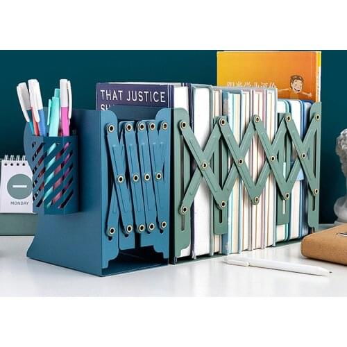 1 Pcs Retractable Metal Bookends for Shelves Book Iron Support Stand Bookshelf with Pen Holder Adjustable Book Holder Rack