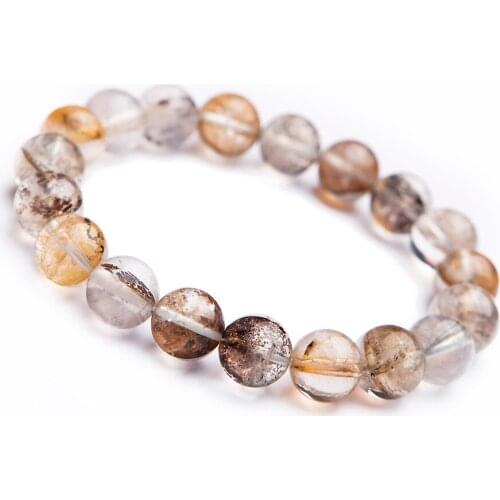 10.5mm Natural Petrified Wood Contain Tree And Leaf Round Stretch Crystal Bead Bracelet