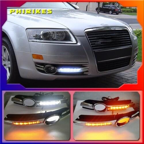 2Pcs For AUDI A6 C6 2005 2006 2007 2008 LED DRL Daytime Running Lights 12V ABS Fog Lamp Hole With Yellow Turn Signal