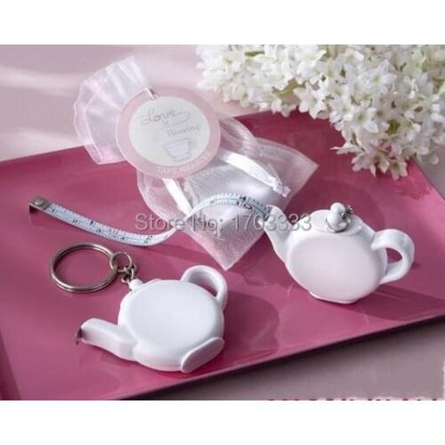 200PCS Unique Design Love is Brewing Teapot Measuring Tape Keychain Portable Key Ring Wedding Gift Free Shipping