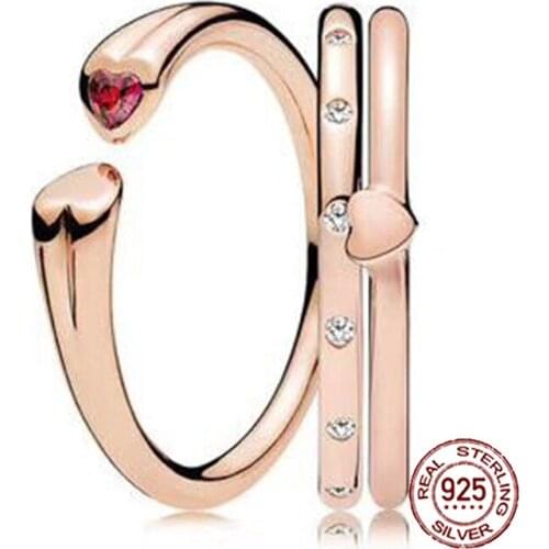 2018 NEW 100% 925 Sterling Silver Ring Rose Love Heart Stacked Ring Wedding Ring For Fashion Women DIY Gift Jewelry