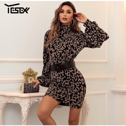 Yesexy 2021 New High Neck Long Sleeve Party Dress Women Short Sequin Autumn Winter Dress Female Print Mini Dress Vestido M0749-1