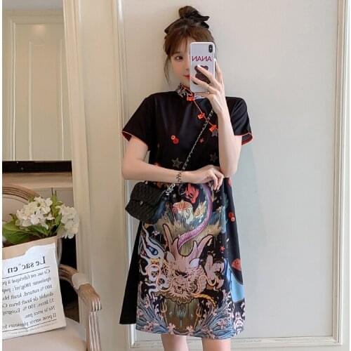 2021summerM-4XL Fashion Trend Modern Party Cheongsam Dress for Women Summer Black Short Sleeve Qipao Traditional Chinese Clothes