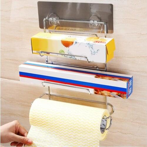 Stainless steel 3-layer Kitchen shelf Seamless storage rack for plastic wrap Roll paper Easy to install Household storage rack