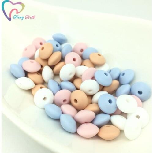 50 PCS Candy Blue Pink Mix 12MM Silicone Lentil Beads For Pacifier Chain Making Baby Teething Abacus Beads Natural Baby Pendants