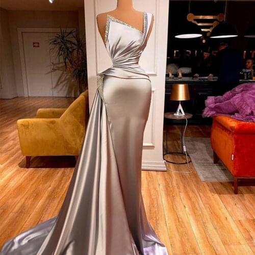 Arabic Silver Mermaid Evening Dresses Unique V Neck Glitter Beading Backless Party Gowns Red Carpet Fashion Prom Dress vestidos