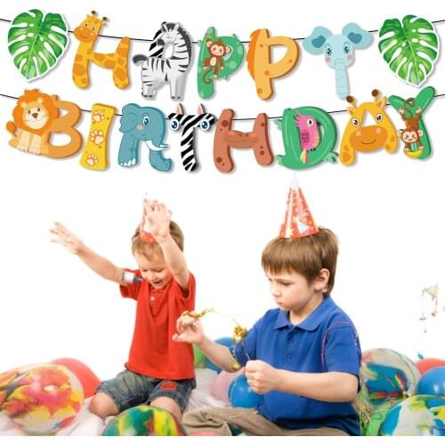 BA270 Cartoon Jungle Animals Theme Design Happy Birthday Banner Lion Tiger Zabra Elephant Banners for Kids Wild One Party Banner