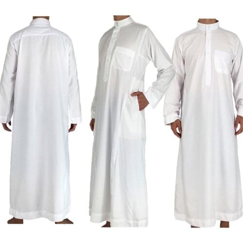 White Long Sleeve Islamic Men Clothing Jubba Thobe Abaya Dubai Saudi Arabia Traditional Ramadan Kurta Eid Arab Robes