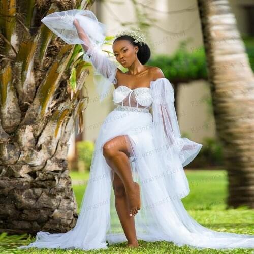White Sweetheart Formal Tulle Dress with Detachable Sleeve Side Split Customized Party Dress Beaded Crystal Evening Gowns Robes