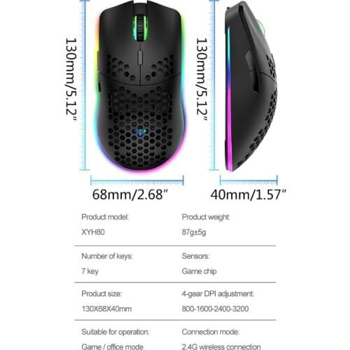 LX9B XYH80 Hollow-out Honeycomb 2.4G Wireless Gaming Mouse 4 Gear 3200 DPI RGB Light