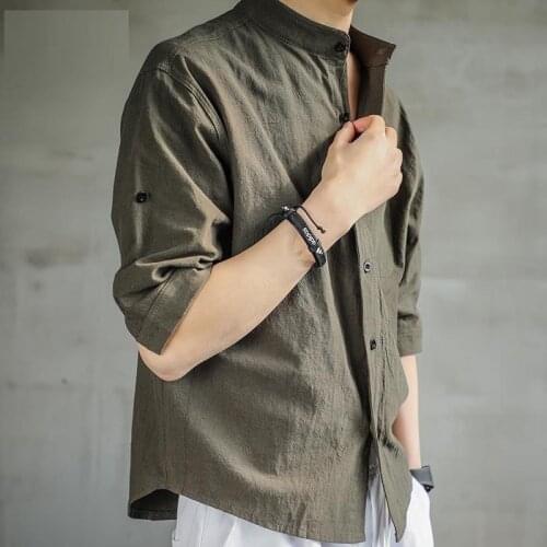 Aransue Chinese Cheap Men Clothing Half Sleeve Shirt Casual Top Cotton Linen Cardigan Camisa De Hombre