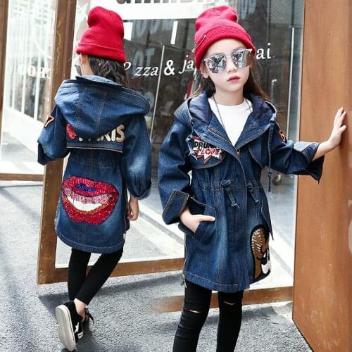 2020 Spring Denim Windbreaker Jackets for Girl Hooded Embroidery Sequined Outewear Jeans Jacket Children Kids Long Coat Clothing