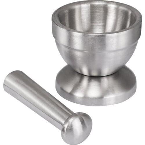 Double Stainless Steel Metal Mortar Salt And Pestle Pedestal Bowl Garlic Press Pot Herb Mills Pepper Spice Grinder Pot
