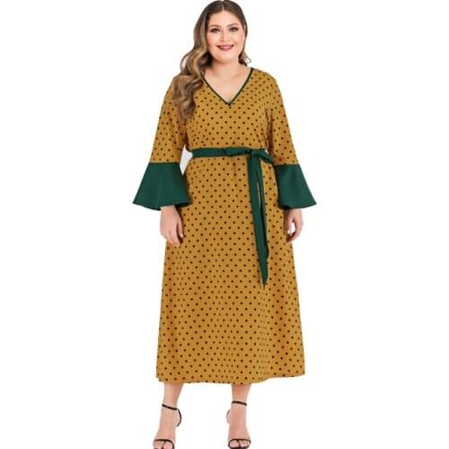 Kaftan Muslim Casual Loose Long Dress Polka Dot Women Maxi Robe Ladies Islamic Clothes Ramadan Eid Abaya Middle East Plus Size