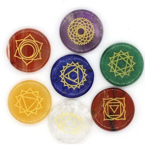 KFT Natural Stone carved Chakra Pendant Round Shape Amethysts Lapis Crystal Quartz Choker Reiki 7 Chakra Stone Pendant No Hole