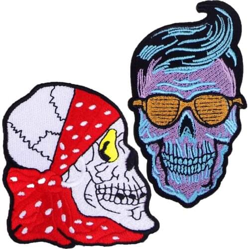 Cool Funny Skull Skeleton With kerchief Glasses Iron On Embroidered Clothes Patches For Clothing Stickers Apparel Wholesale