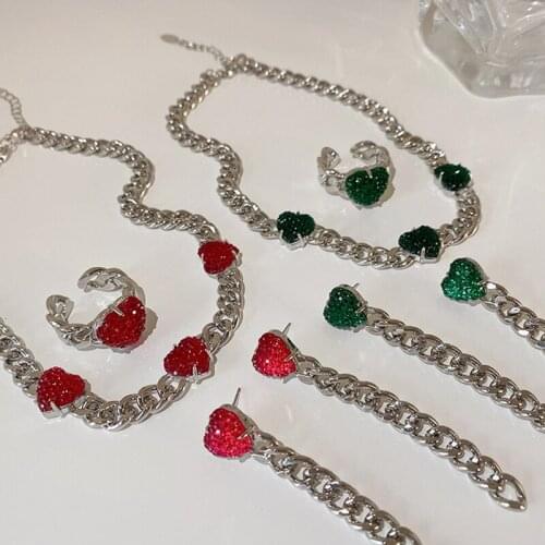 SRCOI Fashion Red Green Crystal Layer Heart Necklace Women Gifts Chunky Curb Chain Choker Collar In Silver Color Link Necklace