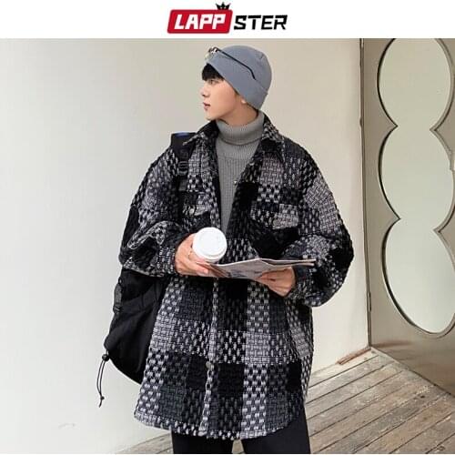 LAPPSTER Men Harajuku Plaid Varsity Jacket 2021 Mens Winter Oversized Korean Fashion Bomber Jacket Male Streetwear Windbreaker