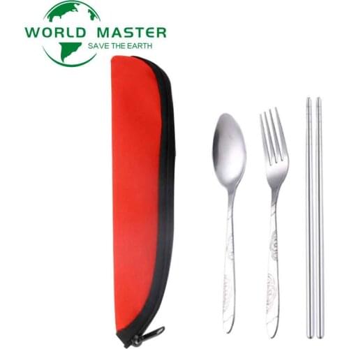 3pcs Set Dinnerware Portable Printed Stainless Steel Spoon Chopsticks Steak Knife Set Travel Cutlery Tableware with Bag