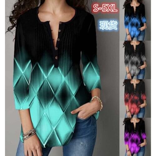 New Plus Size Womens Spring and Summer Tops Buttons Round Neck Mesh Gradient Printing Sleeves T-Shirts