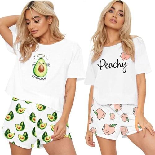 Avocado Printing Clothes Summer Women Casual Pajamas Set Ladies Sexy Sleepwear Cotton Short Sleeved Short+Pants Pyamas for Women
