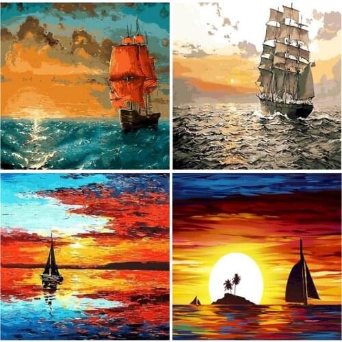PhotoCutom Painting By Numbers For Adults Setting Sun Sailing 60x75cm DIY Paint By Numbers On Canvas Scenery Frameless Handpaint