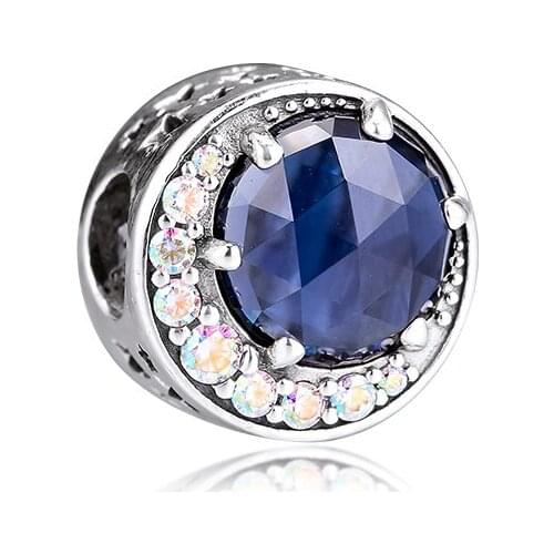 Authentic 925 Sterling Silver Moon & Night Sky Blue Crystal Charms Fits Original Bracelet Metal Beads for Jewelry Making Kralen