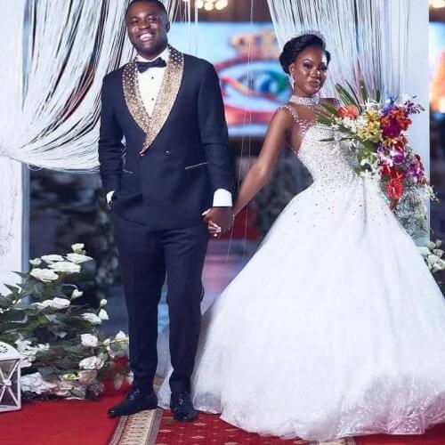 Luxury Bead A Line Wedding Dresses High Collar Sequin Lace Appliques Bridal Gown Plus Size Africa Vestidos De Novia