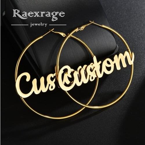 Raexrage Punk 30mm-70mm Custom Name Hoop-earrings Stainless Steel Personalized Letter Hoop Nameplate Earrings Statement Jewelry