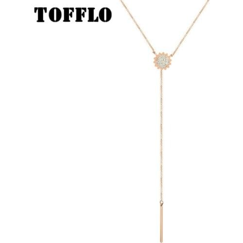 TOFFLO Stainless Steel Jewelry Star Zircon Inlaid Flower Pendant Necklace Trendy Long Sweater Chain For Women BSM038