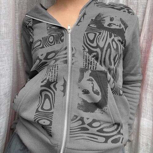 Women Full Zip Hoodies Coat Top Fashion Portrait Print Long Sleeve Loose Sweatshirt Tops Jacket Outerwear Autumn Spring Female