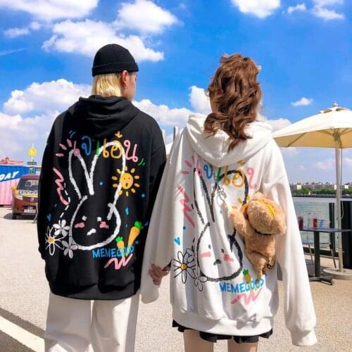 Cool Women Rabbit Hoodies Lovely Pullover Kawaii Sweatshirt Tops Cute Oversized Autumn Outerwear Pink Black Couple Hoodie Femme