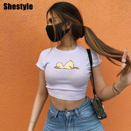 Shestyle Short Sleeve Crop Tops Women Cotton Round Neck Cartoon Printed Streetwear Sexy White Black T-Shirts Tees