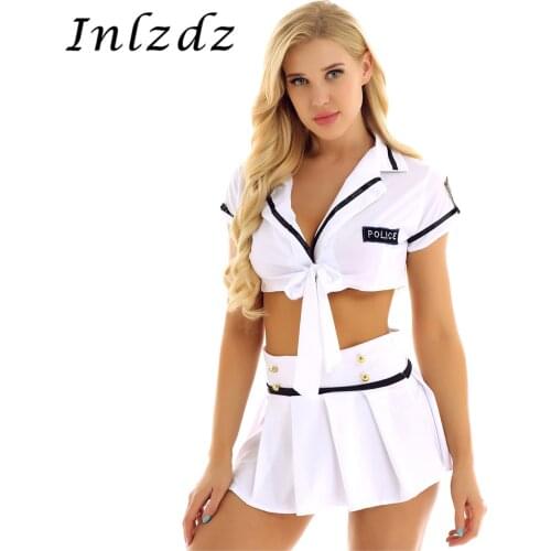 Womens Lingerie Officer Policewoman Uniform Cosplay Costume Police Role Play Games Crop Top with Pleated Mini Skirt Set for Sex