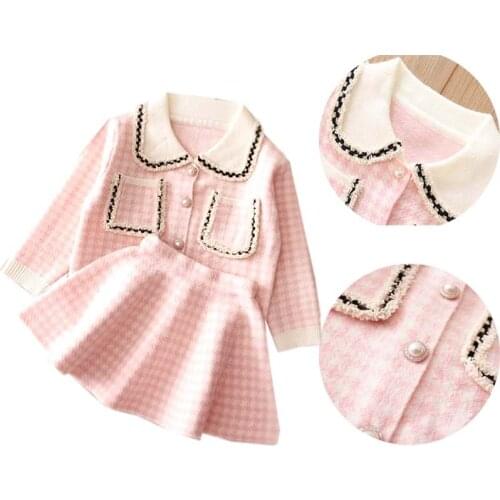 2 Pieces Winter Suit Girls Clothes Set Long Sleeve Sweater Shirt Knitted Skirt Bow Plaid Baby Outfits for Kids Clothing Sweet