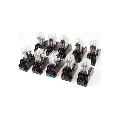 10Pcs DC220V Coil 3PDT 11Pin Green LED General Purpose Power Relay w Socket Base