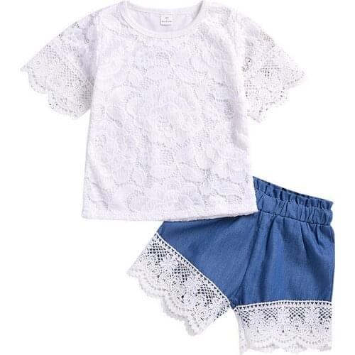 2021 0-5Y Princess Toddler Summer Girl Clothing Tracksuits Flower Lace Solid Color Short Sleeves T-Shirt+Splicing Denim Shorts