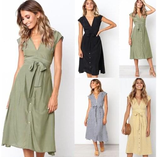 2021 Dress Summer Spring Sexy V-neck Button Striped Female Casual Knee Length Sleeveless Lace Bow A-line Dress Vestido