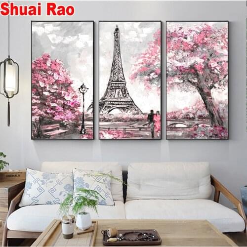 3 Panels Paris Tower cross stitch 5d handmade diamond painting full square drill rhinestones of picture diamond embroidery sale
