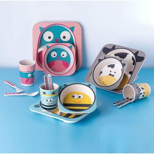 5Pcs/Set Cartoon Animal Bamboo Fiber Childrens Tableware Baby Feeding Cutlery Set Divided Plate Bowl Fork Spoon Dinnerware Set