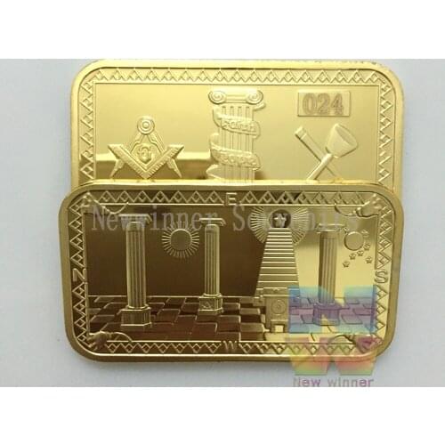 5pcs/lot Magnificent Masonic Freemasonry Faith-hope-charity Gold Plated coins Bullion bar Free Shipping