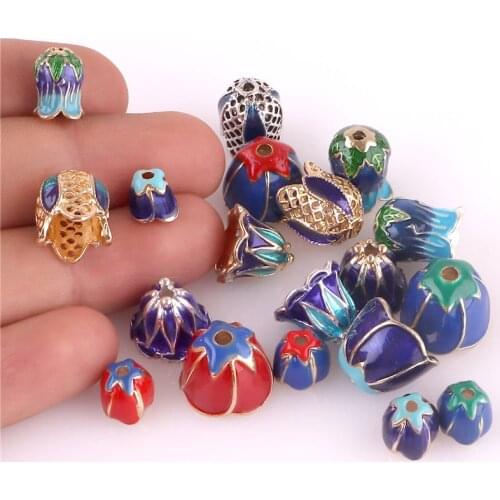 2pcs Enamel Inlay Blue Red Cloisonne End Cap Beads For Crimp Spacer Bead Tassel Cap Bracelet Fashion Jewelry Findings