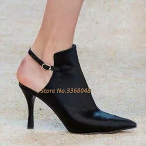 Thin Heel Black Leather Open Heel Shoes Ankle Buckle Sexy Pointed Toe Dress Women Shoes Solid Pumps Party Shoes