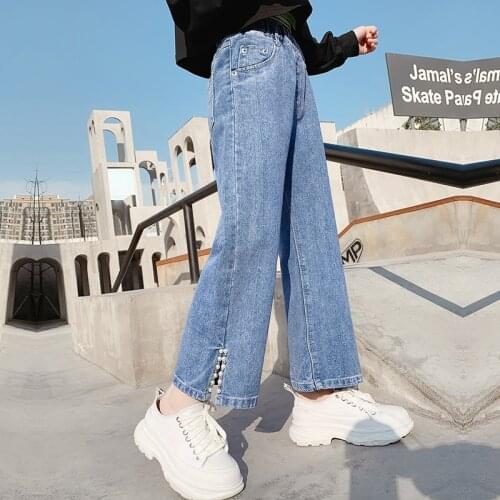 New Arrival Girls Jeans Wide Leg pants Straight Side Slit pearl Jeans Loose Denim Ankle Trousers Fashion Children Girls Clothes