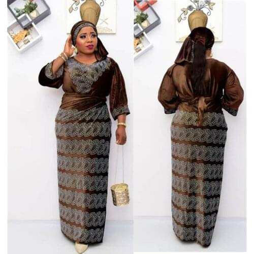3 Pieces Set Dashiki Top Skirt Suit With Headscarf African Clothes For Women Velvet Evening Dresses Ladies Muslim Fashion Dress