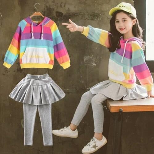 Hot 2019 Spring and Autumn Toddler Girls Clothing Sets Children Clothes Hooded Rainbow Striped Coat Top Solid Gray Leggings 2pcs