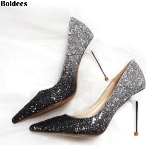 Fashion Slip On Crystals Bling Bling Pumps Women Elegant Thin High Heels Point toe Party Wedding Shoes Woman Glod Sliver Black